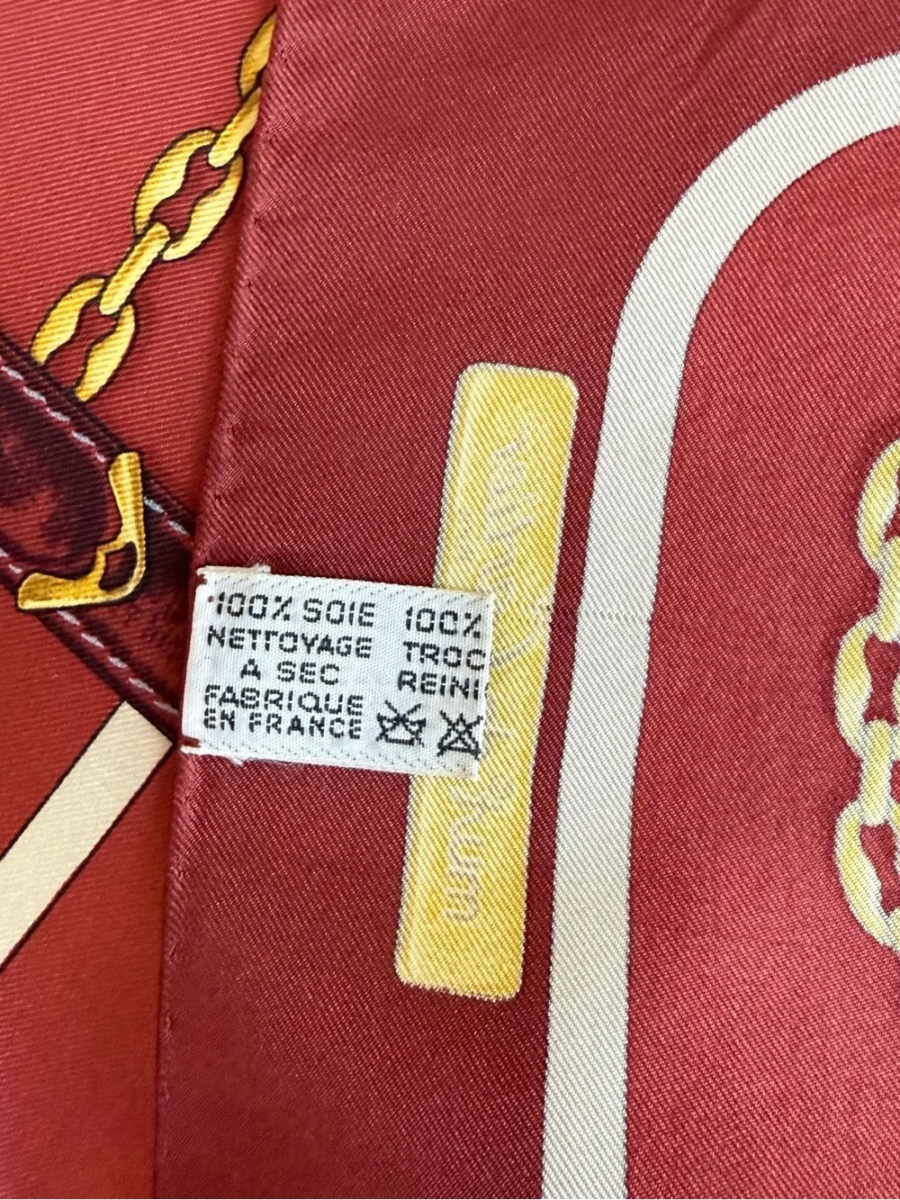Cartier Silk Scarf Brown Yellow Chain Belt Hand Rolled Made in France